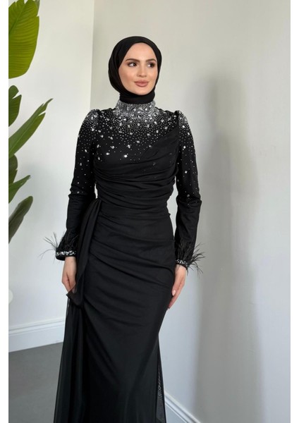 Belle Lune Taşlı Balık Abiye Siyah modelleri