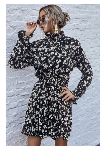 Kadın Uzun Kollu Balıkçı Yaka Çiçek Baskılı Helen Kumaş Elbise