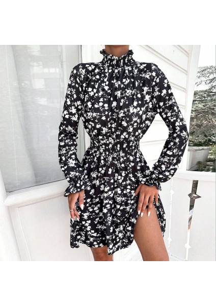 Kadın Uzun Kollu Balıkçı Yaka Çiçek Baskılı Helen Kumaş Elbise
