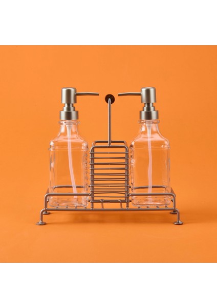 Bland 2'li Metal Stantlı Cam Sıvı Sabunluk - Şeffaf / Gri - 200 ml