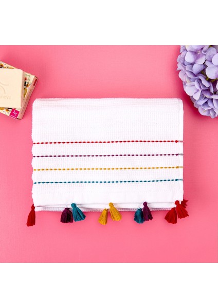 Soft Püsküllü Yüz Havlusu - Beyaz / Renkli - 50X90 cm