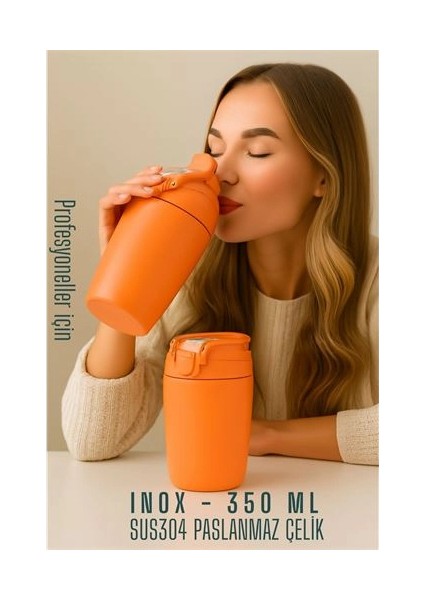 Hsnet Inox Çelik Kahve Bardağı - 350 ml SUS304 Çelik Termos Profesyonel Turuncu