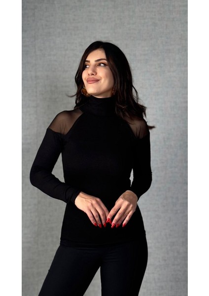 Kadın Omuzları Tül Balıkçı Yaka Viskon Kumaş Bluz modelleri