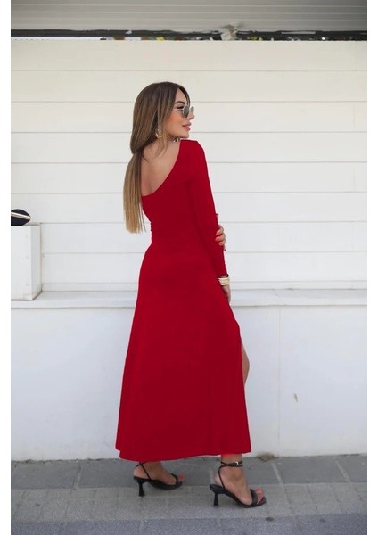 Kadın Uzun Kollu Hafif Kayık Yaka Sırt Dekolteli Yırtmaç Detaylı Viskon Tam Boy Elbise fiyatları