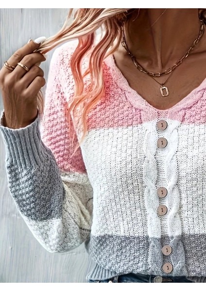 Kadın Uzun Kollu V Yakalı Önden Düğmeli Çok Renkli Bluz fiyatları