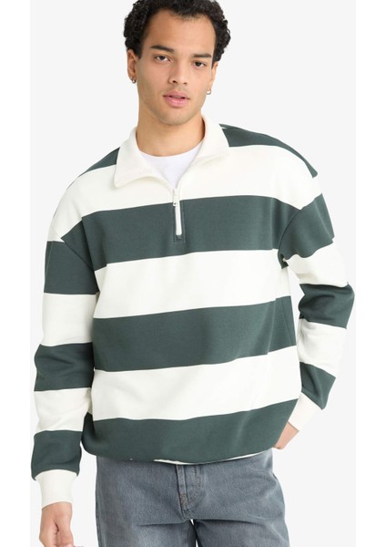 Boxy Fit Dik Yaka Yarım Fermuarlı Çizgili Sweatshirt F4640AX25AU