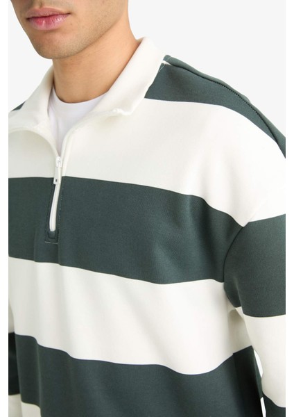 Boxy Fit Dik Yaka Yarım Fermuarlı Çizgili Sweatshirt F4640AX25AU indirimleri