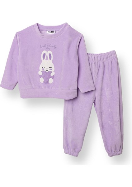 Kız Bebek Kadife Pijama Takımı Bisiklet Yaka Uzun Kol Ribanalı Paça