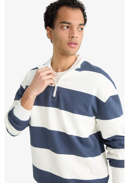 Boxy Fit Dik Yaka Yarım Fermuarlı Çizgili Sweatshirt F4640AX25AU fırsatları