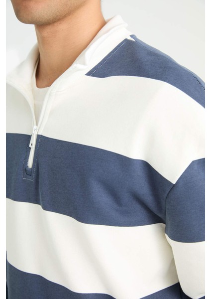 Boxy Fit Dik Yaka Yarım Fermuarlı Çizgili Sweatshirt F4640AX25AU indirimleri