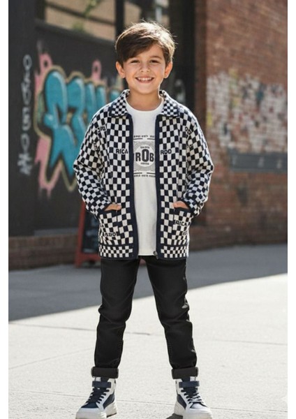 Damalı Triko Hırkalı Erkek Çocuk 3 lü takım - Antrasit