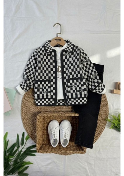 Damalı Triko Hırkalı Erkek Çocuk 3 lü takım - Antrasit fiyatları