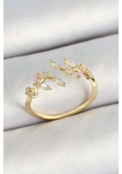Pirinç Yaprak Figürlü Zirkon Taşlı Gold Renk Ayarlanabilir Kadın Yüzük