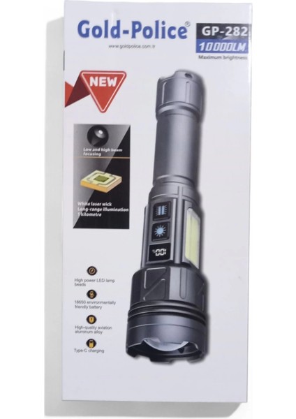 Gold-Police GP-282 Uzun Menzilli Güçlü Şarjlı 10000 Lümen El Feneri 11 Mod Çakar Işıklı Kırmızı-Mavi-Yeşil LED modelleri