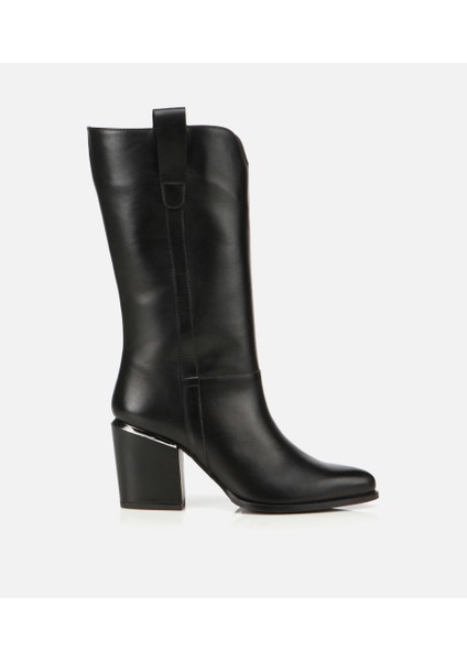 01CIH313490A100 KADIN Deri Siyah Metal Detaylı Topuklu Çizme