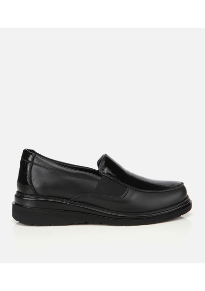 01AYH314450A100 KADIN Deri Siyah Lastik Detaylı Dolgu Topuklu Günlük Loafer
