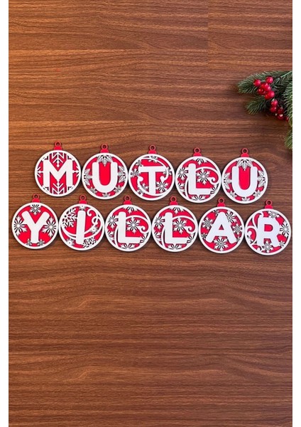 11 Harfli Kırmızı Beyaz Ipli Mutlu Yıllar Yazılı Ahşap Yılbaşı Ağaç Süsü fırsatları