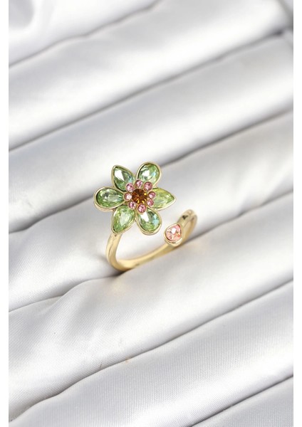 Çiçek Model Yeşil Pirinç Gold Renk Yüzük