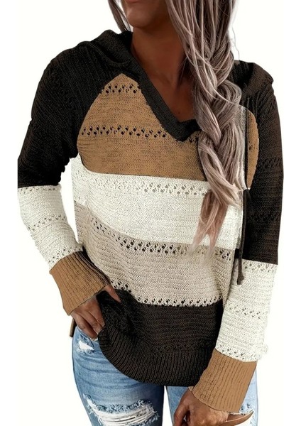 Kadın Uzun Kollu V Yakalı Bağcıklı Kapşonlu Triko Bluz