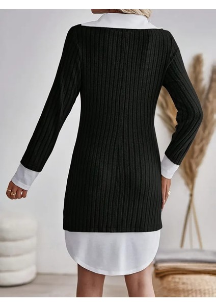 Kadın Uzun Kollu Yakalı Şardonlu Kaşkorse Dokuma Detaylı Elbise modelleri