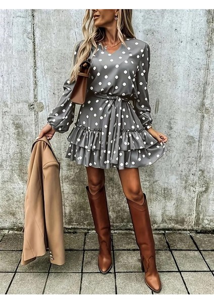 Aknbutik Kadın Uzun Kollu V Yakalı Belden Kuşaklı Puantiyeli Mini Modal Elbise