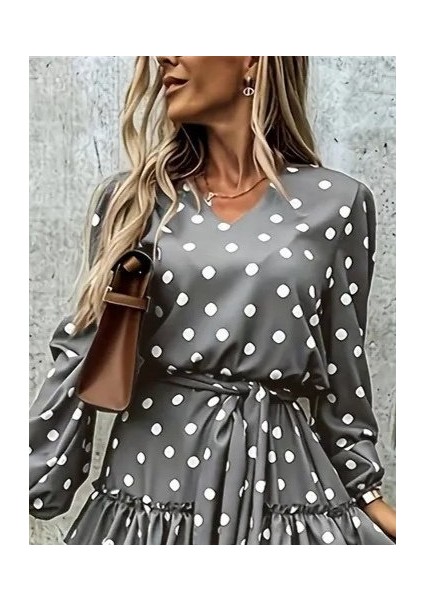 Aknbutik Kadın Uzun Kollu V Yakalı Belden Kuşaklı Puantiyeli Mini Modal Elbise fiyatları