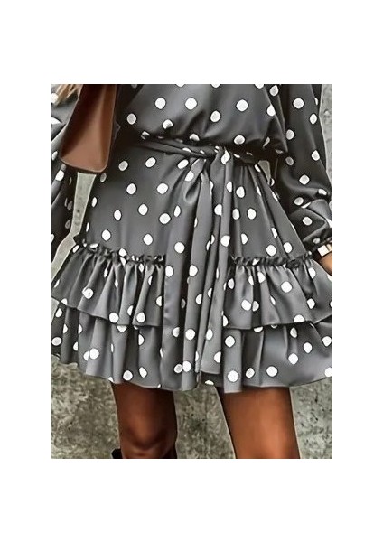 Aknbutik Kadın Uzun Kollu V Yakalı Belden Kuşaklı Puantiyeli Mini Modal Elbise modelleri