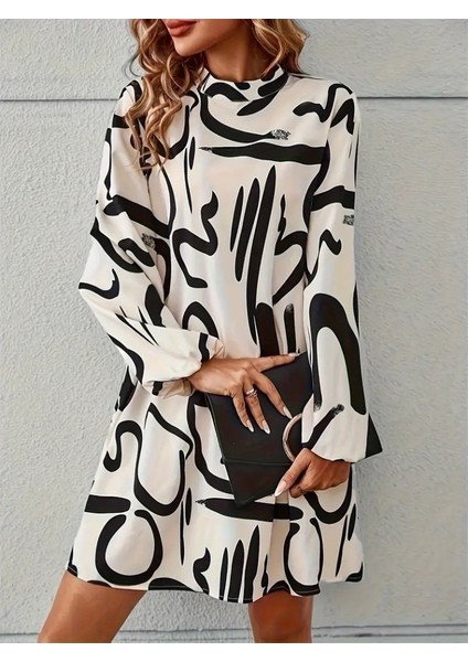 Kadın Uzun Kollu Balıkçı Yaka Desenli Şardonlu Dalgıç Elbise fırsatları