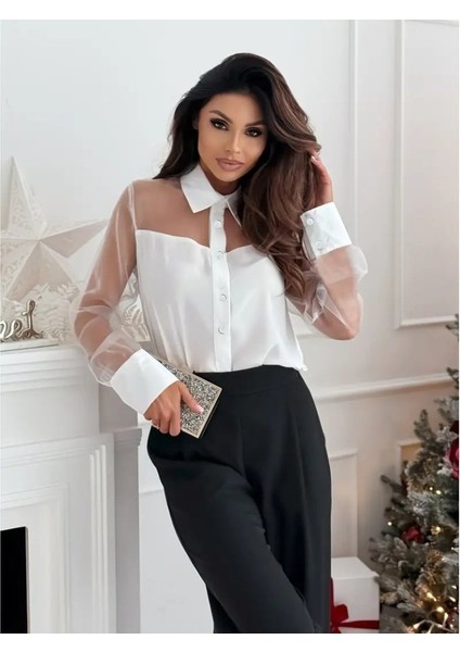 Kadın Uzun Kollu Yakalı Önden Düğmeli Tül Detaylı Dokuma Viskon Bluz fiyatları