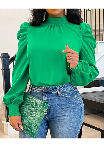 Kadın Uzun Kollu Balıkçı Yaka Arkadan Bağlamalı Omuzlardan Balon Ithal Krep Bluz