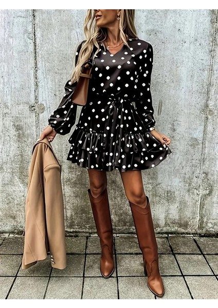 Miracotton Kadın Uzun Kollu V Yakalı Belden Kuşaklı Puantiyeli Mini Modal Elbise