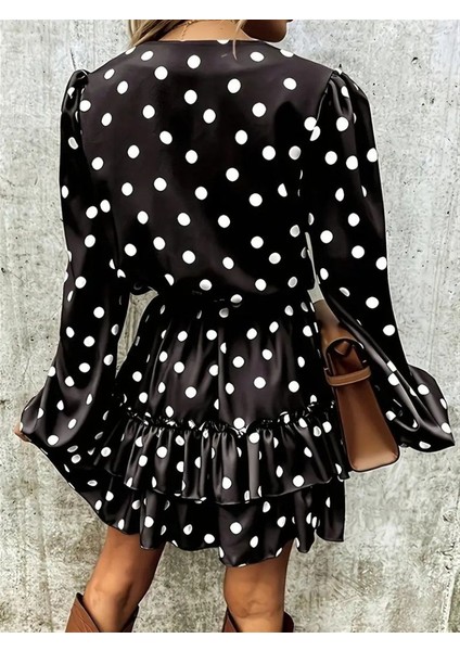 Miracotton Kadın Uzun Kollu V Yakalı Belden Kuşaklı Puantiyeli Mini Modal Elbise modelleri