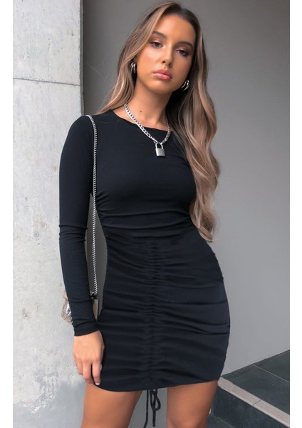 Kadın Uzun Kollu Bisiklet Yaka Ön Büzgülü Kaşkorse Elbise modelleri