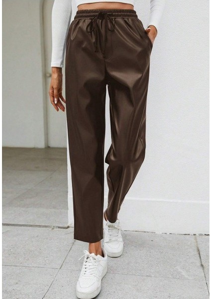 Kadın Yüksel Bel Bağcıklı Deri Pantolon