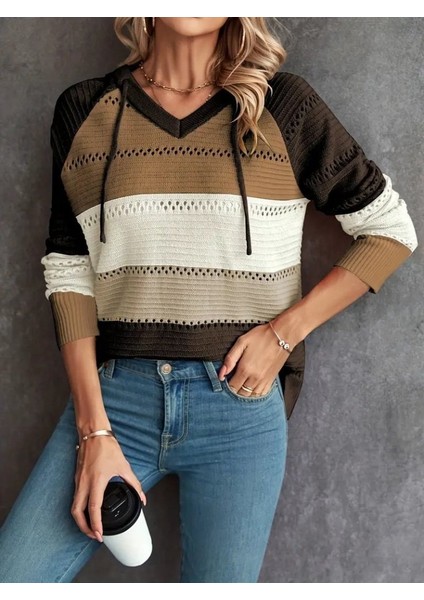 Kadın Uzun Kollu V Yakalı Bağcıklı Kapşonlu Triko Bluz fırsatları