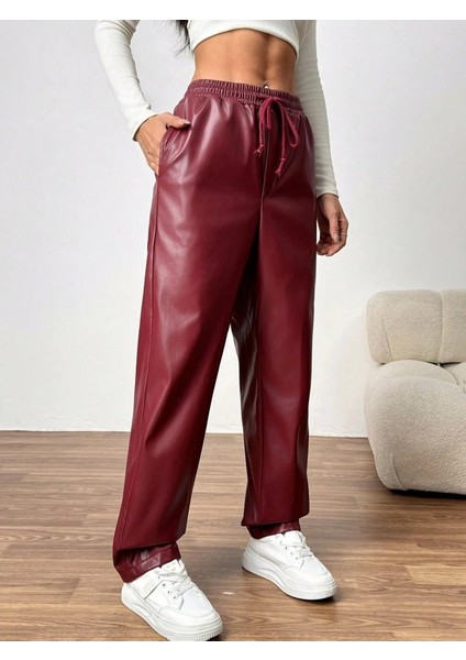 Kadın Yüksel Bel Bağcıklı Deri Pantolon fiyatları