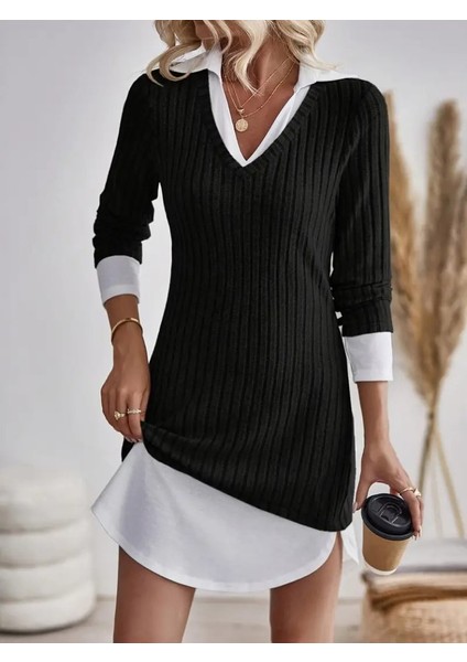 Kadın Uzun Kollu Yakalı Şardonlu Kaşkorse Dokuma Detaylı Elbise