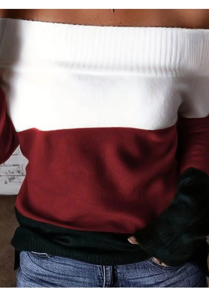 Kadın Uzun Kollu Omuzlardan Açık Uzun Kollu Blok Çizgili Triko Bluz fiyatları