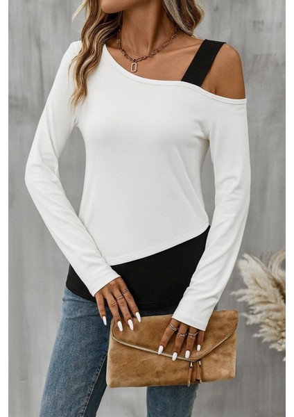 Kadın Tek Omuzu Açık Askılı Çift Renkli Uzun Kollu Viskon Bluz fiyatları