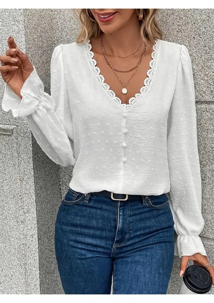 Kadın Uzun Kollu V Yakalı Önden Düğmeli Bluz fiyatları