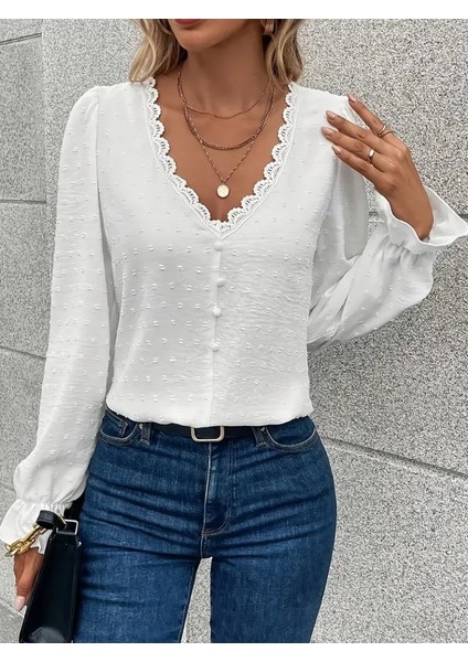 Kadın Uzun Kollu V Yakalı Önden Düğmeli Bluz fırsatları