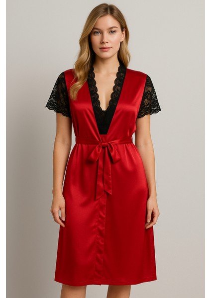 Kırmızı Saten Dantelli Gecelik & Sabahlık Takımı – Kısa Kollu, Şık Kadın Iç Giyim Seti