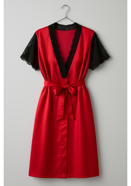 Kırmızı Saten Dantelli Gecelik & Sabahlık Takımı – Kısa Kollu, Şık Kadın Iç Giyim Seti fiyatları