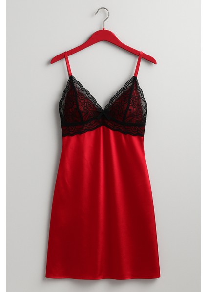 Kırmızı Saten Dantelli Gecelik & Sabahlık Takımı – Kısa Kollu, Şık Kadın Iç Giyim Seti modelleri