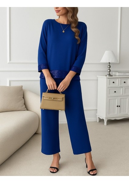 Kadın Uzun Kollu Bisiklet Yaka Pulpayetli Viskon Iki Iplik Bluz ve Pantolon Ikili Takım modelleri