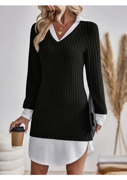 Kadın Uzun Kollu Yakalı Şardonlu Kaşkorse Dokuma Detaylı Elbise fiyatları