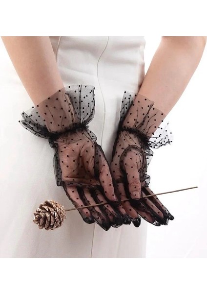 Kısa Boy Güpürlü Siyah Puantiyeli Tül Eldiven Siyah Renk indirimleri