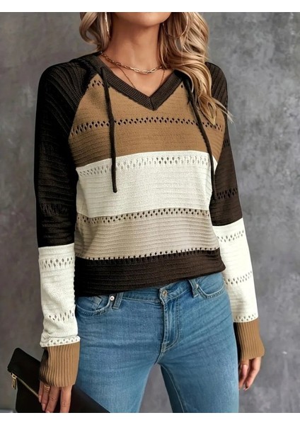 Kadın Uzun Kollu V Yakalı Bağcıklı Kapşonlu Triko Bluz modelleri