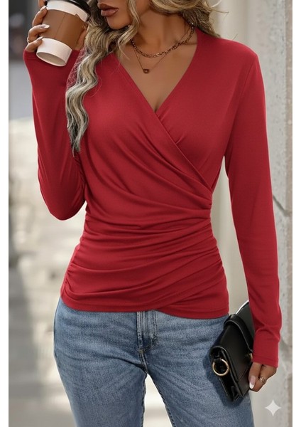 Kadın Uzun Kollu Kruvaze Yaka Yanlardan Büzgülü Viskon Bluz