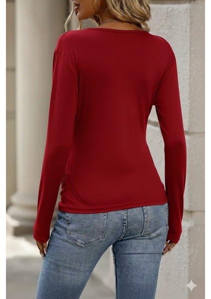 Kadın Uzun Kollu Kruvaze Yaka Yanlardan Büzgülü Viskon Bluz modelleri